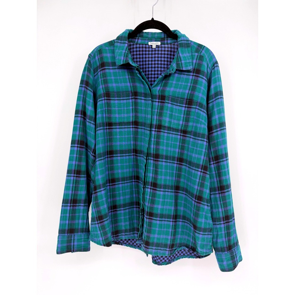 Splendid Womens XL Green Blue Plaid Flannel Button Down Shirt Pleated Back Hem